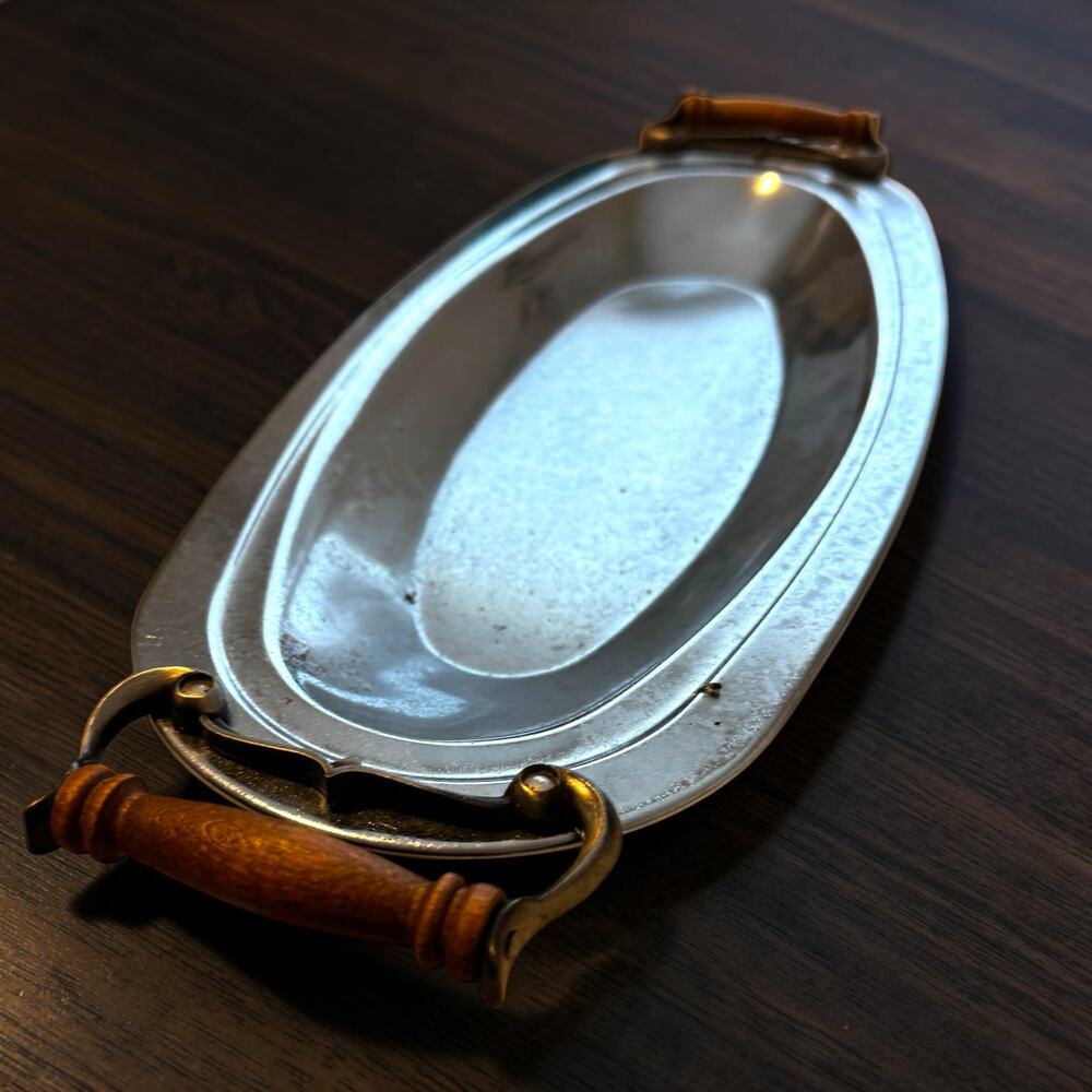 Vintage Oval Metal Serving Tray with Wood Handles | Silver Tone Vanity Tray